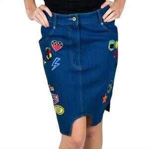 NEW ENDLESS ROSE denim pencil mini skirt with appliques in blue, red, orange, ye